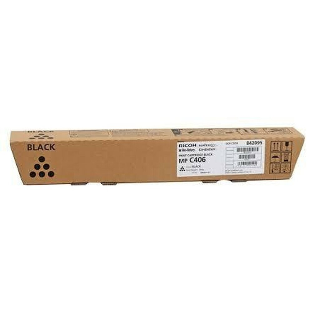 Een rechthoekige kartonnen doos met het label "BLACK" en Ricoh-details. Het is een printcartridge voor MP C406, op een witte achtergrond.