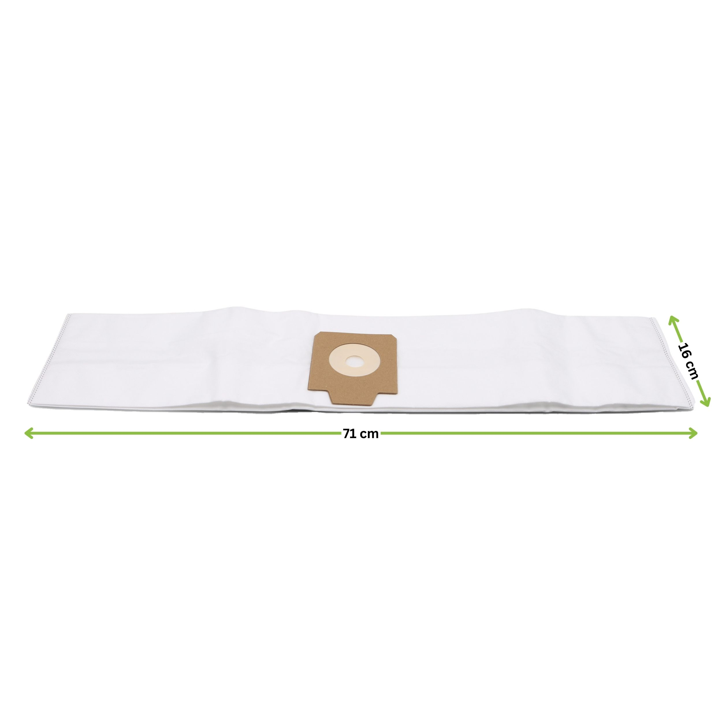 Ein weißer Staubsaugerbeutel mit braunem Kartoneinsatz. Abmessungen sind 71 cm lang und 16 cm breit.