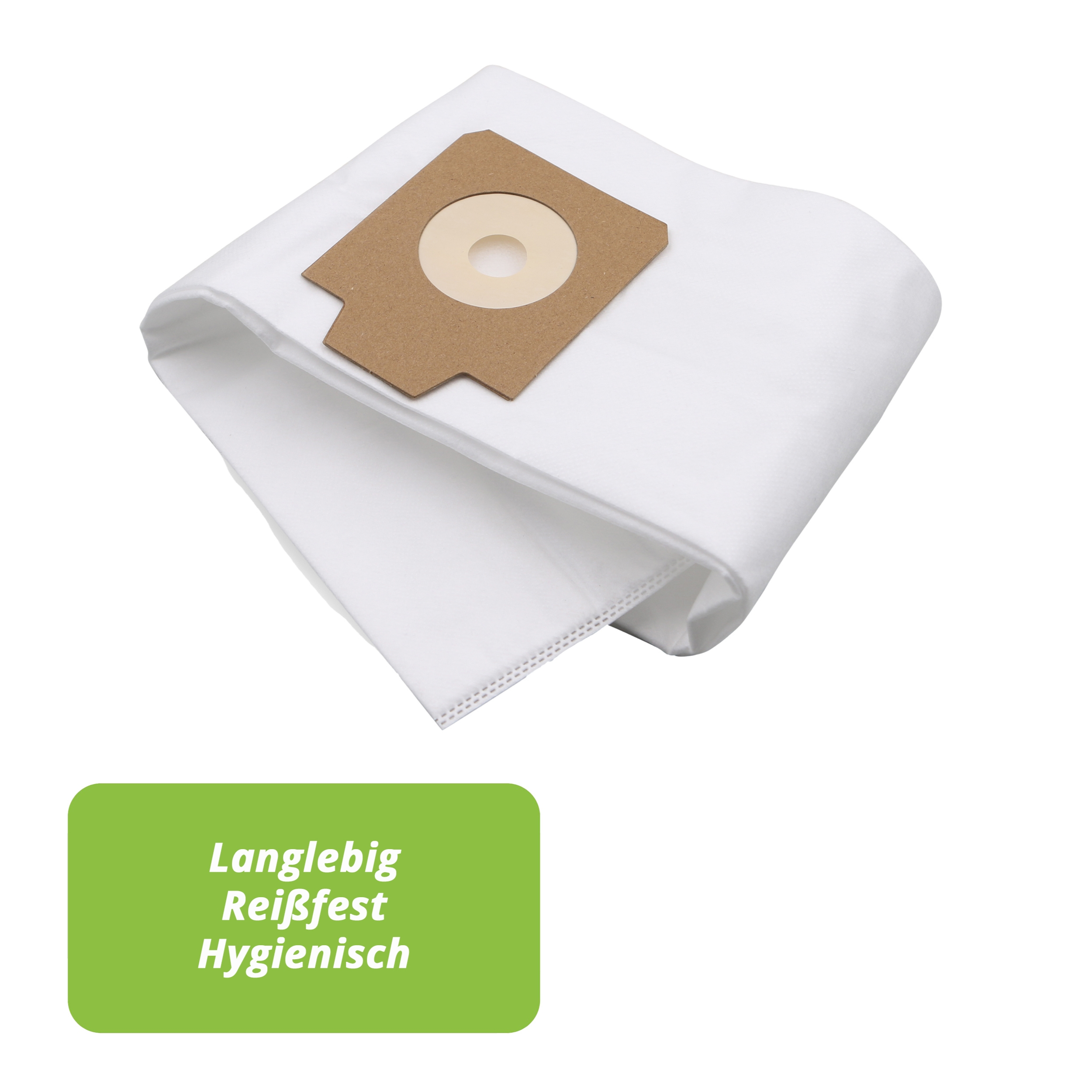Weißer Staubsaugerbeutel mit braunem Kartonteil, grünes Etikett mit deutschem Text.
