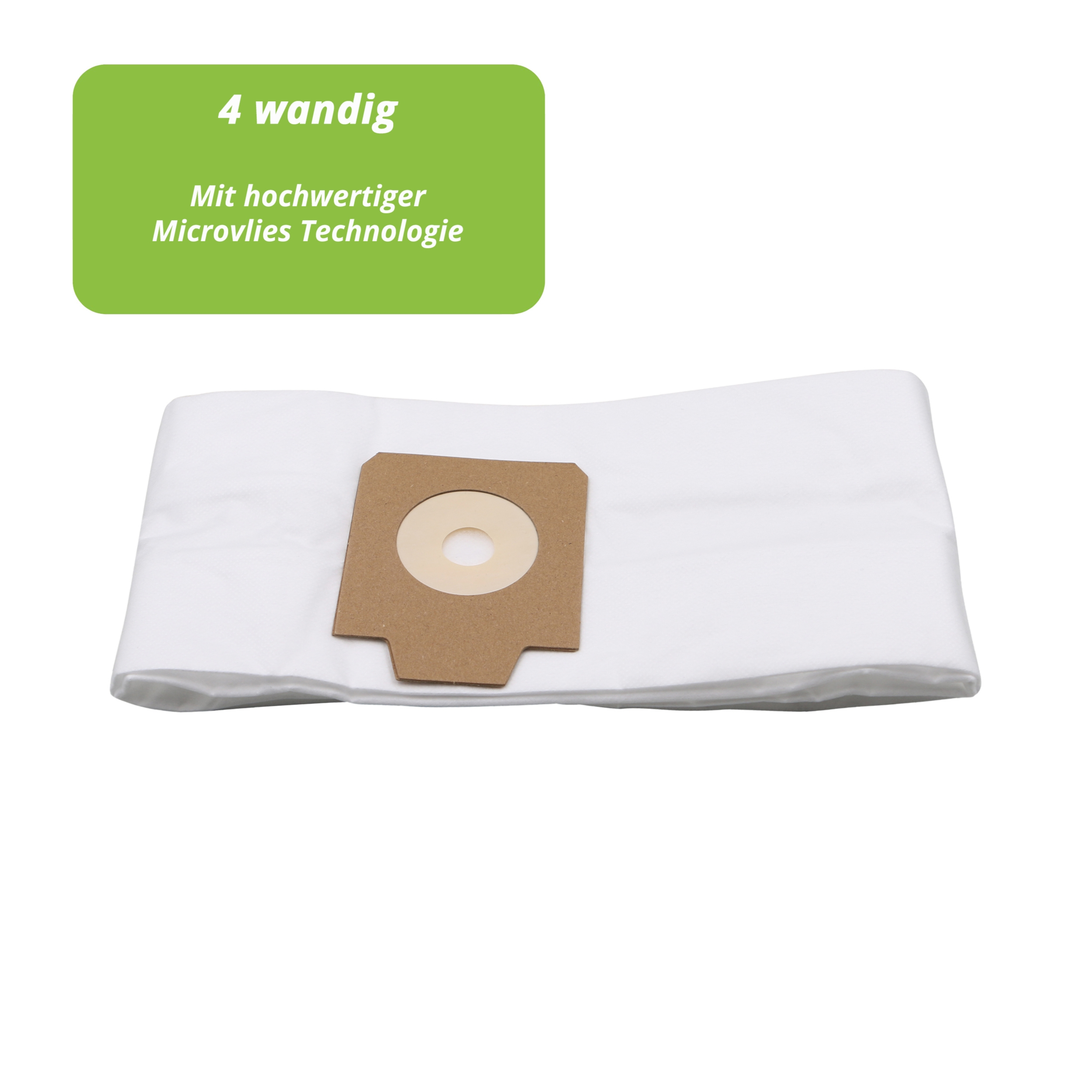 Ein weißer Staubsaugerbeutel mit einem braunen Pappstück in der Mitte. Oben befindet sich ein grünes Banner.