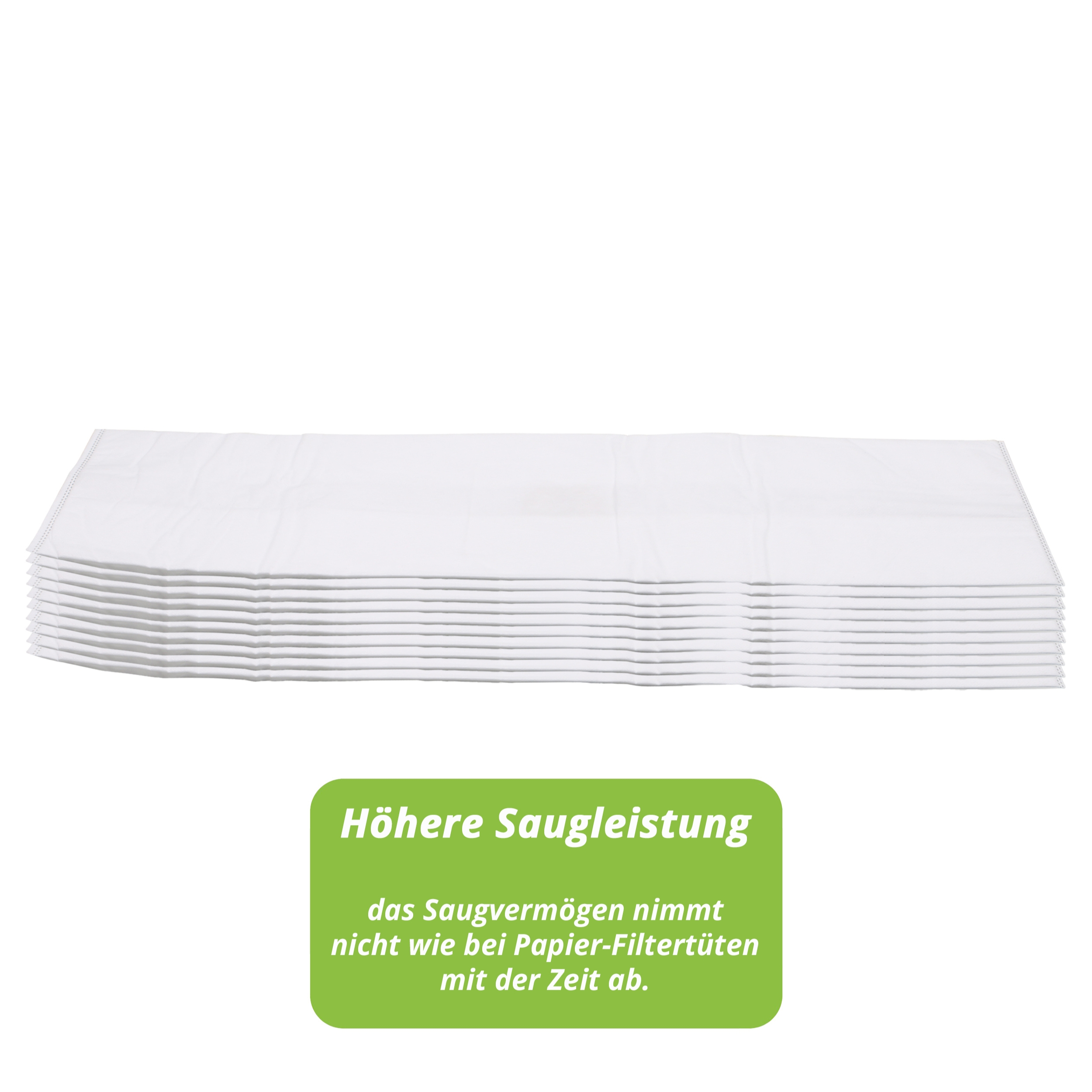 Stapel weißer Filterbeutel. Text auf grüner Box: 'Höhere Saugkraft'.