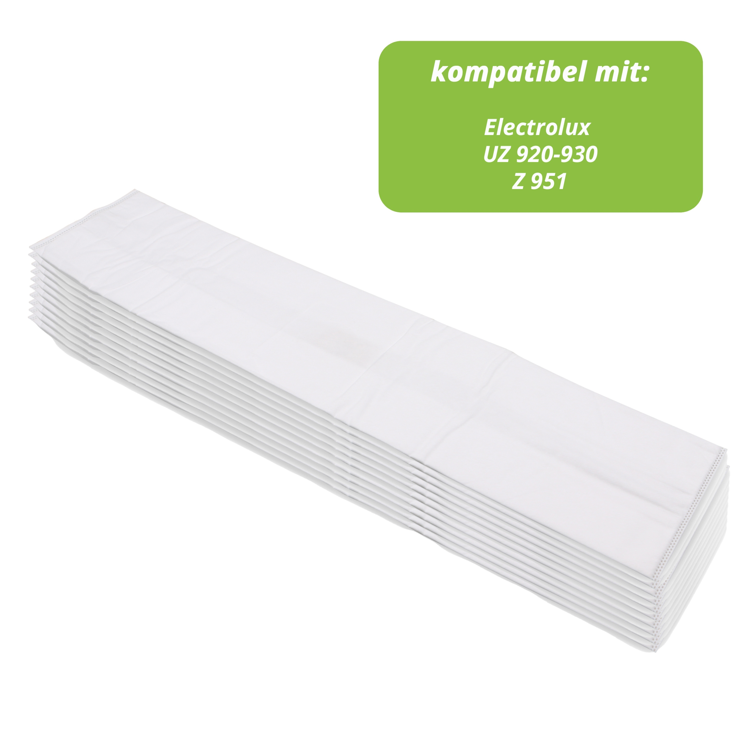 Ein Stapel weißer, rechteckiger Filterbeutel. Ein grünes Rechteck enthält kompatible Staubsaugermodelle.