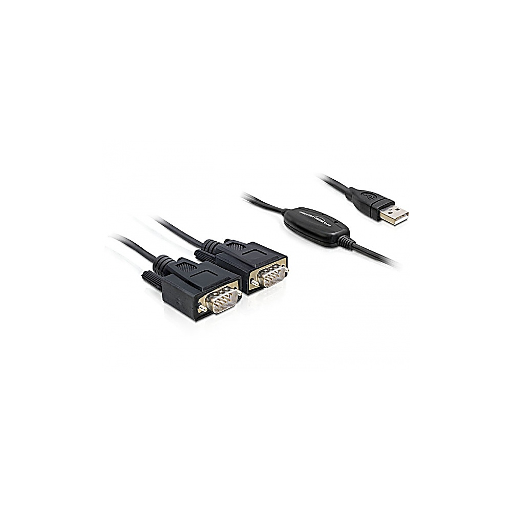 Cavi neri con connettori e USB. Due cavi hanno connettori seriali maschi. Uno ha un connettore USB.