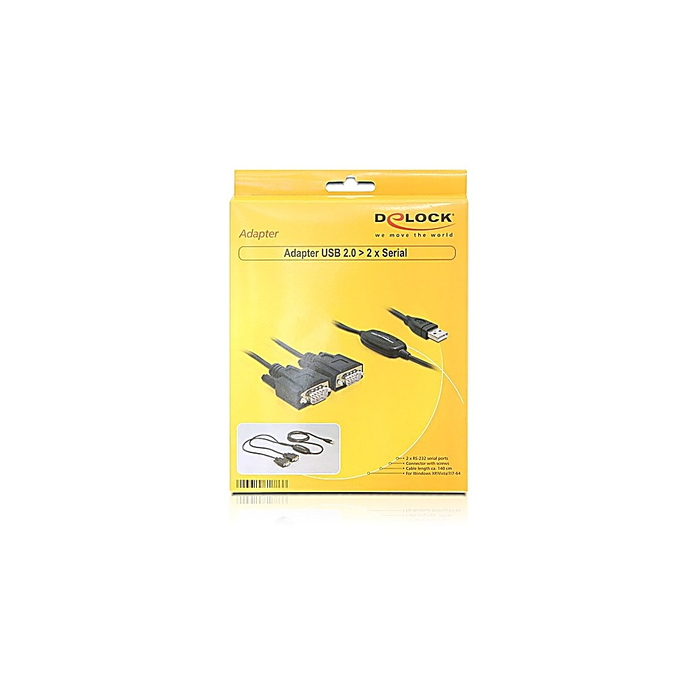 Una scatola gialla e bianca con la scritta 'Adapter USB 2.0 <gt/> 2 x Serial'. Mostra cavi adattatori e il marchio 'D-LOCK'.