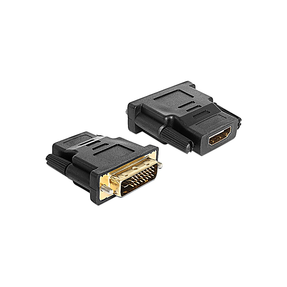 Due adattatori DVI a HDMI neri su sfondo bianco. Uno mostra il connettore DVI, l'altro HDMI.