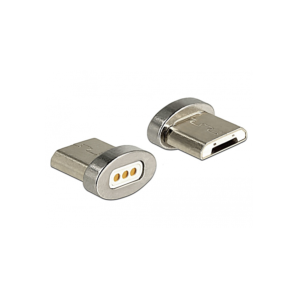 Due connettori magnetici USB-C argentati su sfondo bianco. Uno ha tre pin dorati, l'altro la porta.