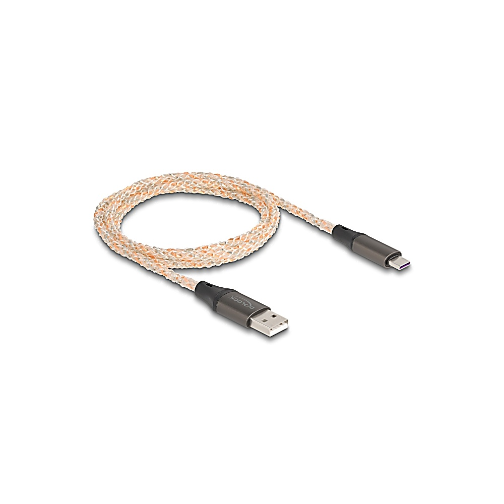 Cable USB trenzado con hebras naranjas y blancas. Los conectores son grises oscuros, uno es USB y el otro es un conector Lightning.