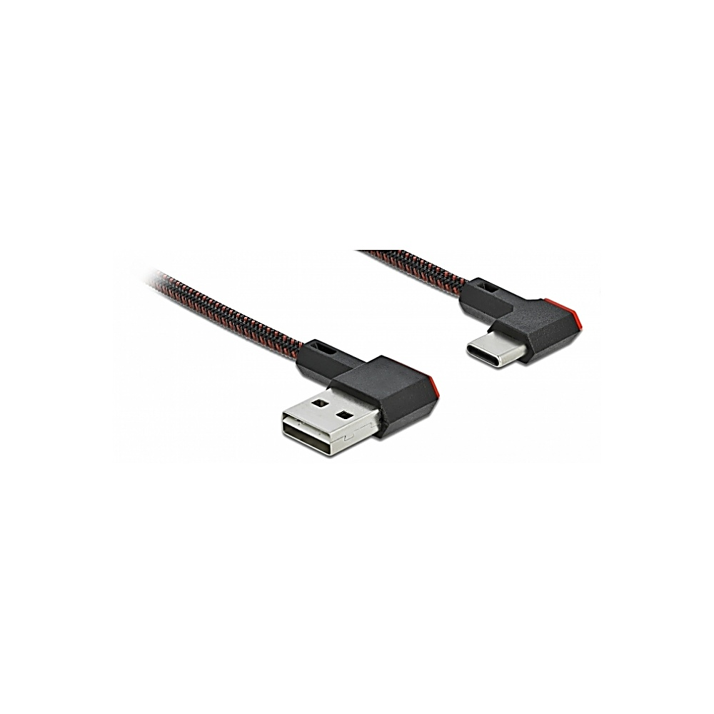 Un cavo da USB a USB-C. Il cavo è nero e rosso, con un connettore USB-A a un'estremità e USB-C all'altra.