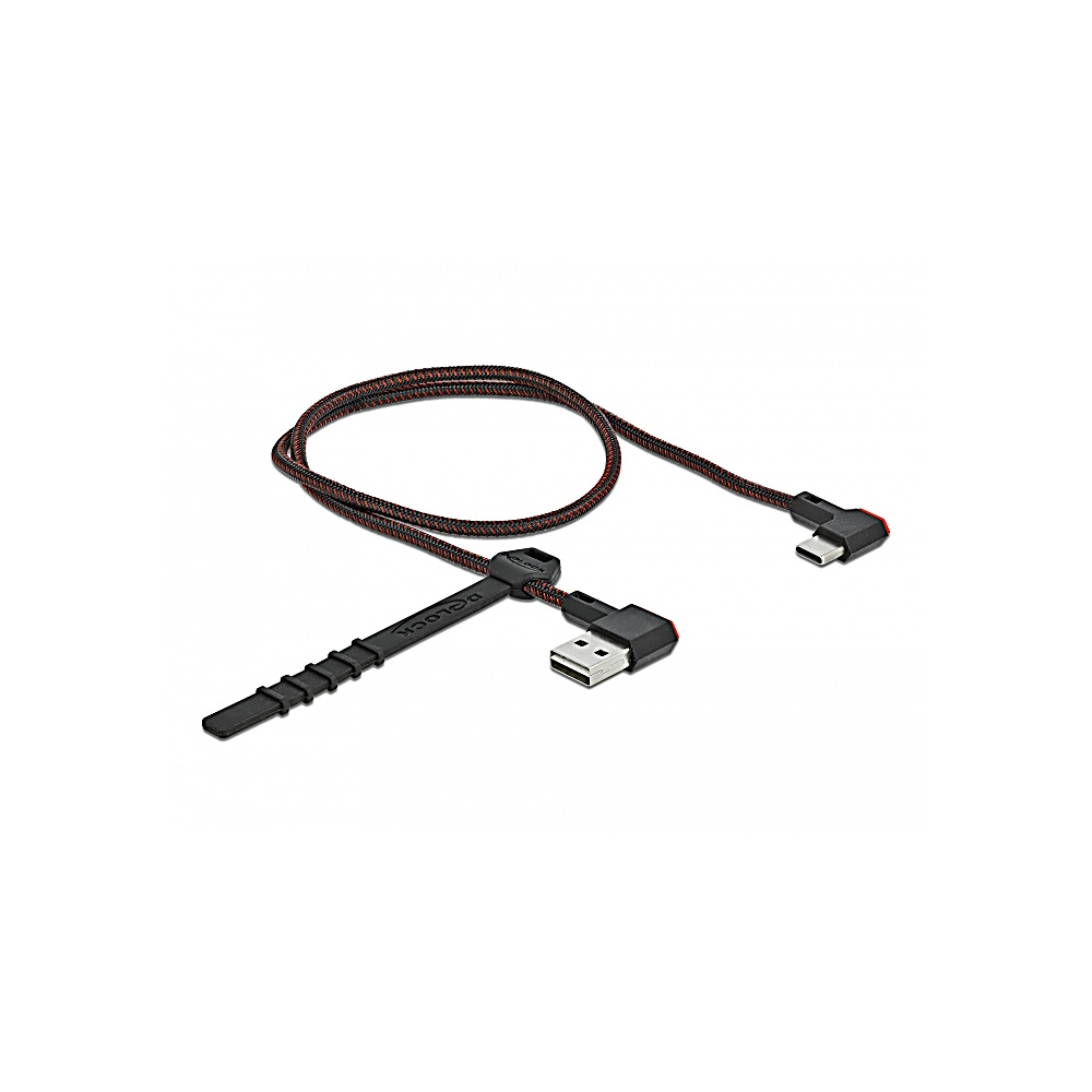 Un cavo USB intrecciato nero e rosso con connettore USB-A e USB-C e fascetta. Lo sfondo è bianco.