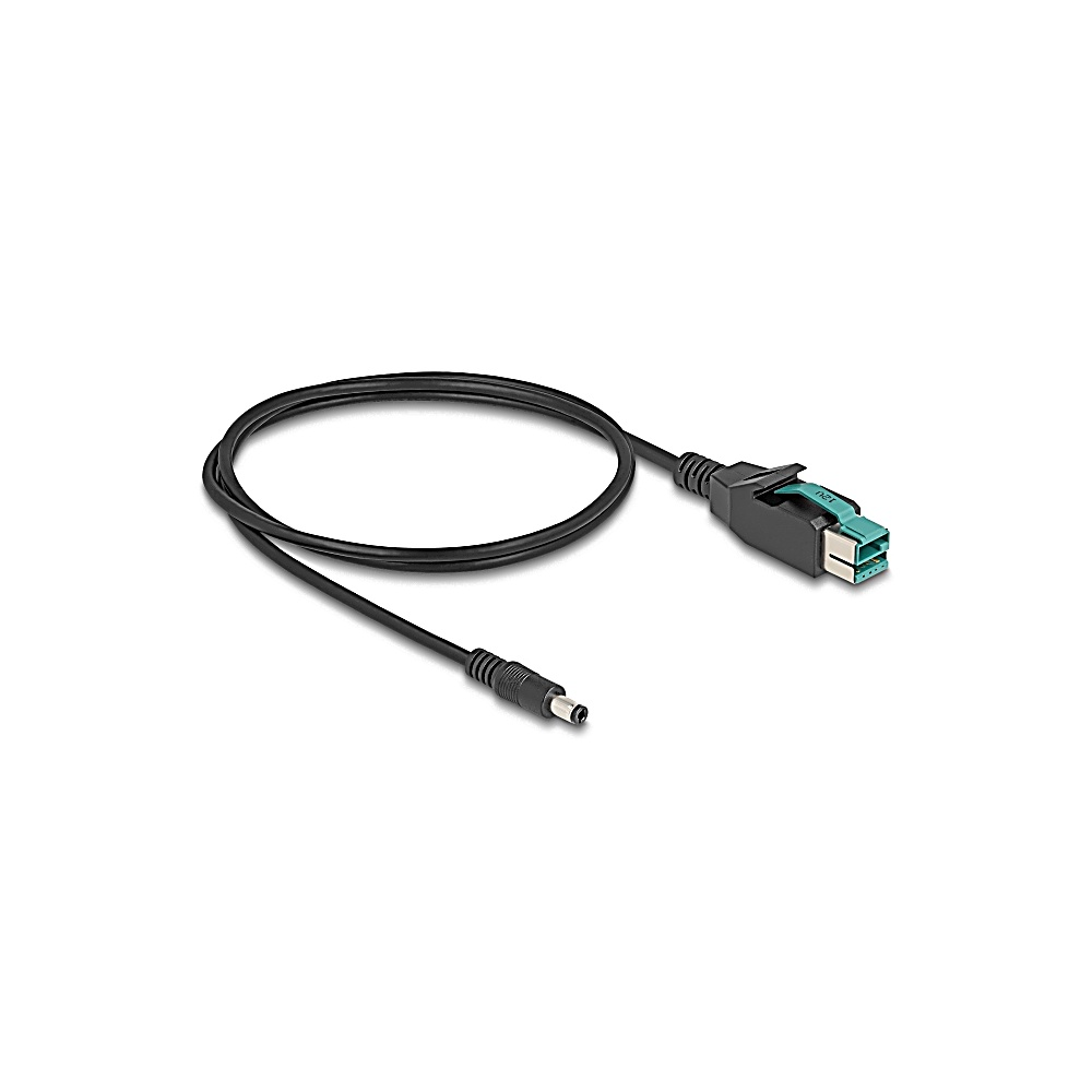 Un cavo nero con un connettore circolare ad un'estremità e un connettore rettangolare con interno verde all'altra.