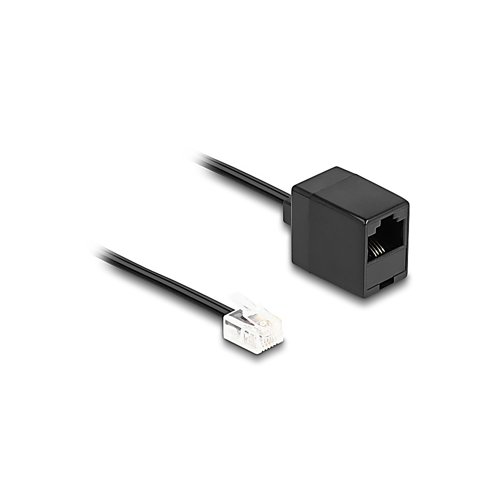 Czarny adapter sieciowy z przezroczystym złączem RJ45 i czarnym kablem na białym tle.