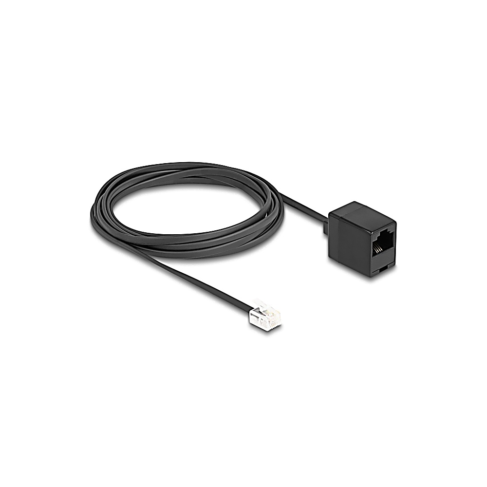 Cable negro con conectores RJ45 y RJ11. El cable está enrollado, con un extremo conectado a una caja negra, el otro abierto.