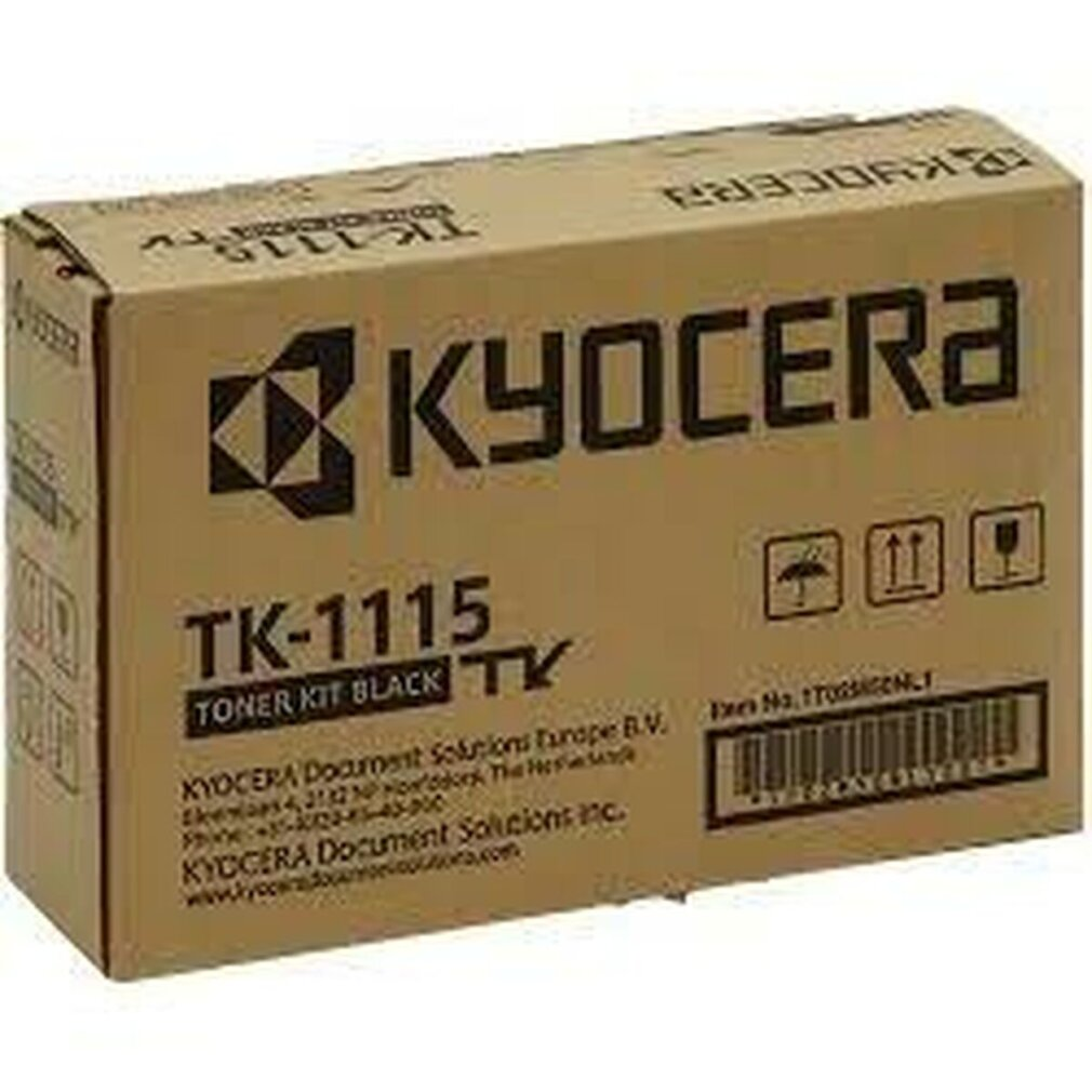 Kartonowe pudełko z czarnym zestawem tonera Kyocera TK-1115. Pudełko zawiera logo, szczegóły produktu i kod kreskowy.