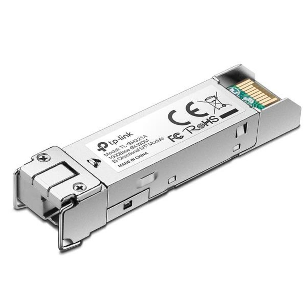 Un módulo SFP bidireccional TP-Link. Plata y negro, con texto, logotipos y marcas. Hecho en China.