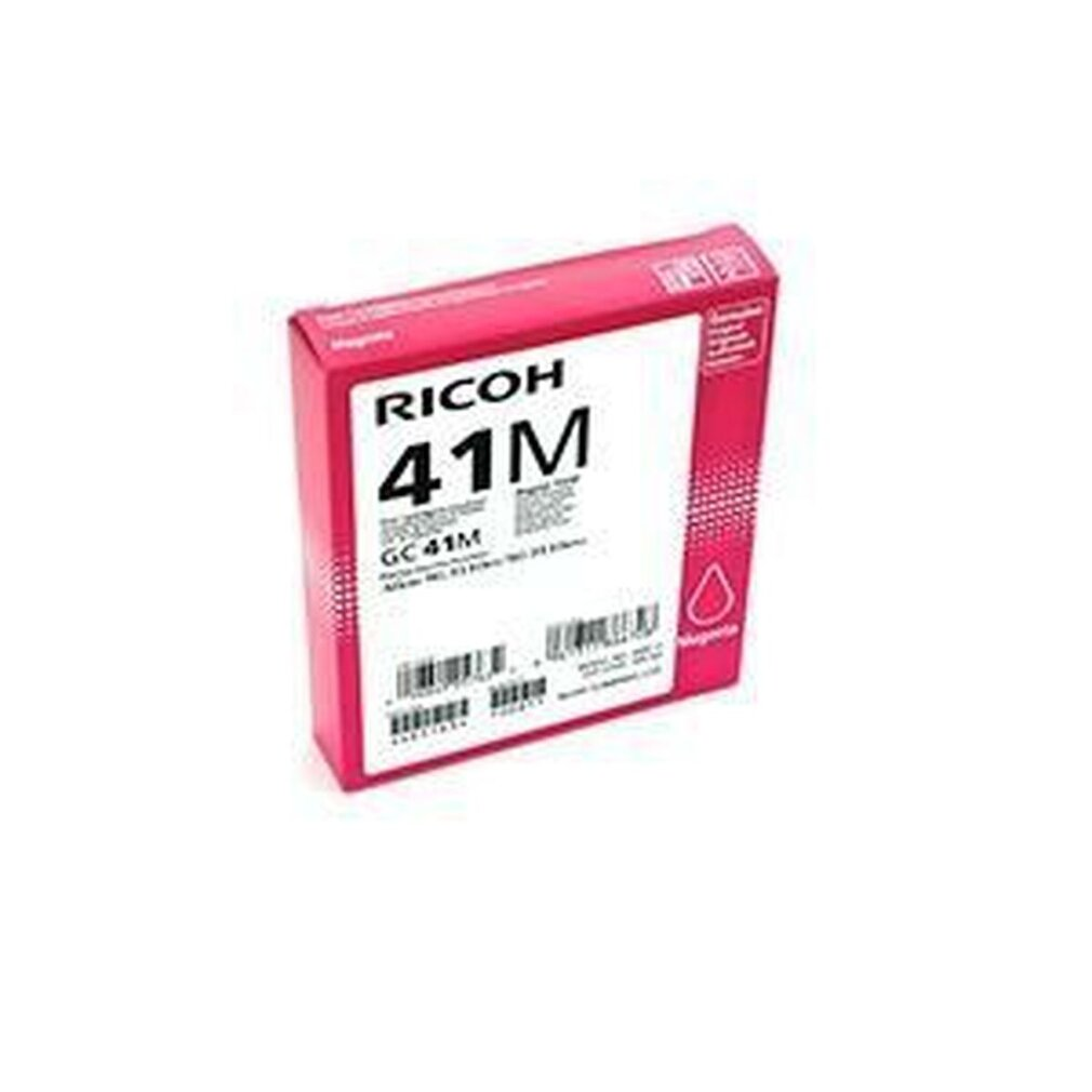 Una scatola di cartucce d'inchiostro magenta Ricoh 41M. La scatola è rosa, con testo bianco. La parola "Ricoh" è in alto.