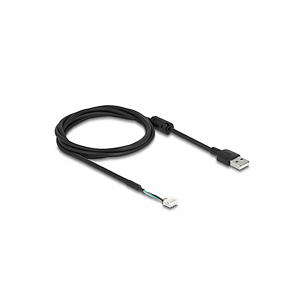 Un cable USB negro con un conector en cada extremo, uno USB-A y el otro un pequeño conector blanco con cables de colores.