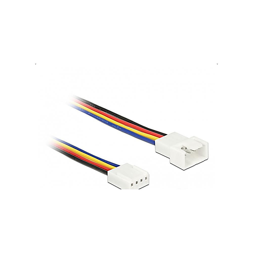 Dwa białe złącza z kolorowymi przewodami (czarny, czerwony, żółty, niebieski) na białym tle. Jedno ma piny, drugie otwory.