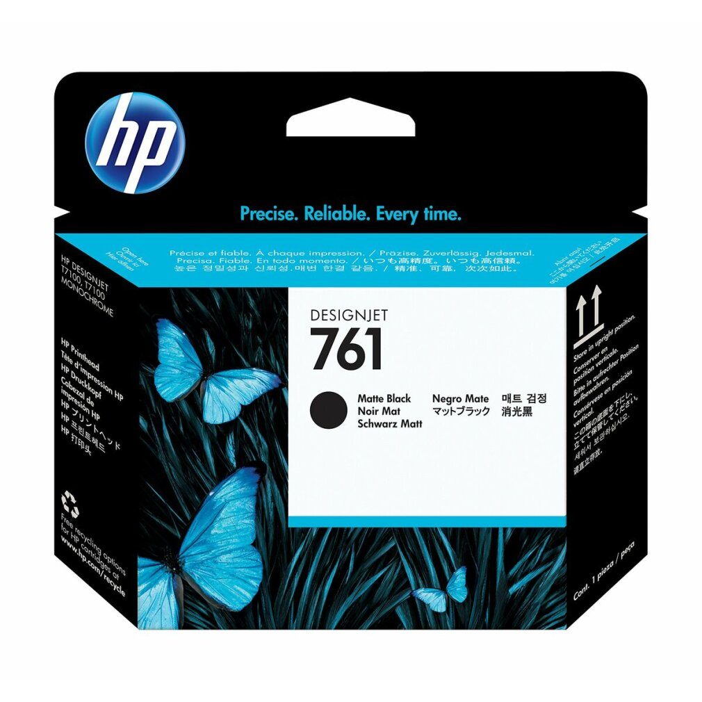 Scatola cartuccia inchiostro HP DesignJet 761. Inchiostro nero, farfalle e logo HP su sfondo nero.
