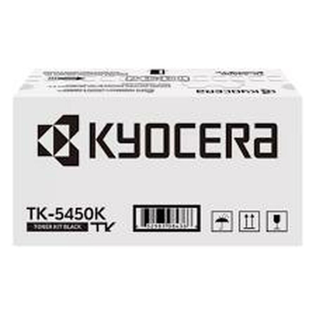Białe pudełko z logo KYOCERA i tekstem TK-5450K Toner Kit Black. Zawiera kod kreskowy i symbole, na białym tle.