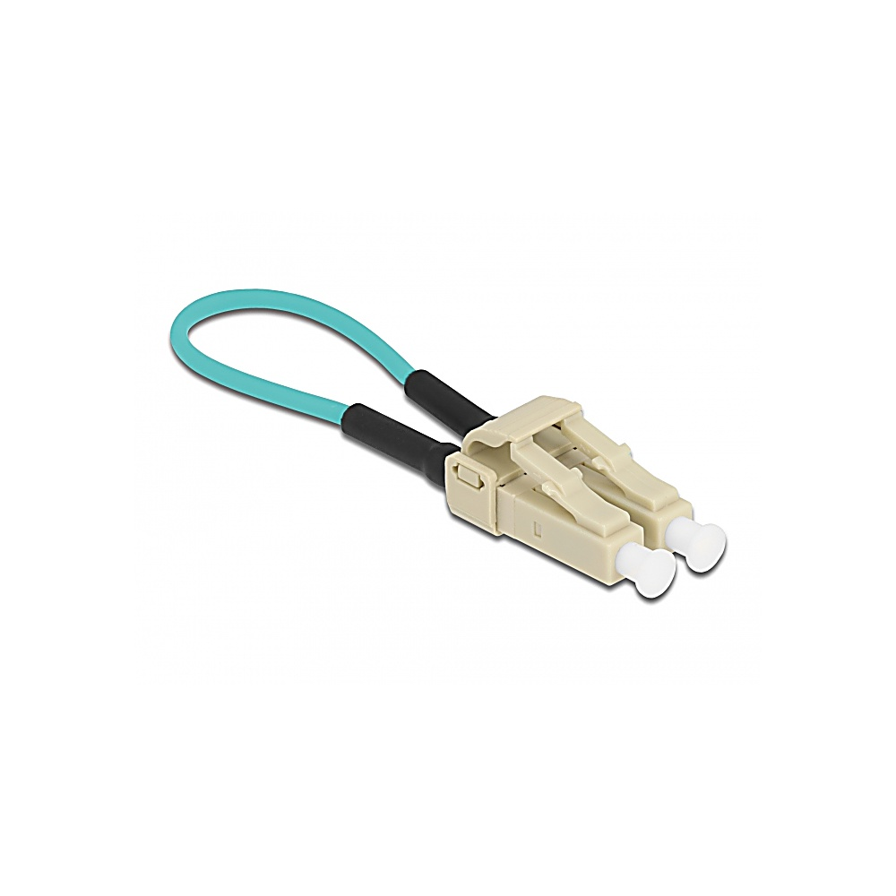 Un connettore in fibra ottica beige con due punte bianche, collegato a un cavo blu chiaro ad anello con estremità nere.