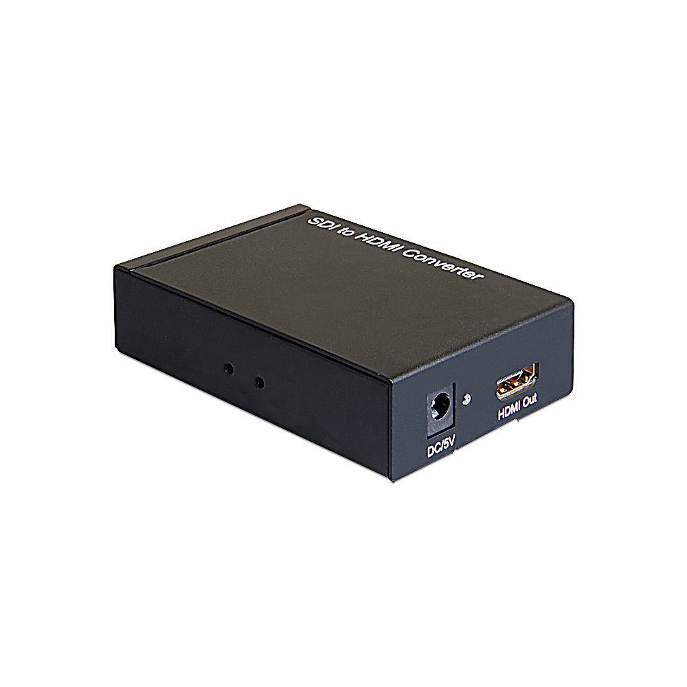 Un convertitore SDI-HDMI nero. Ha porte etichettate 'DC/5V' e 'HDMI Out'. La parte superiore riporta la scritta 'SDI to HDMI Converter'.