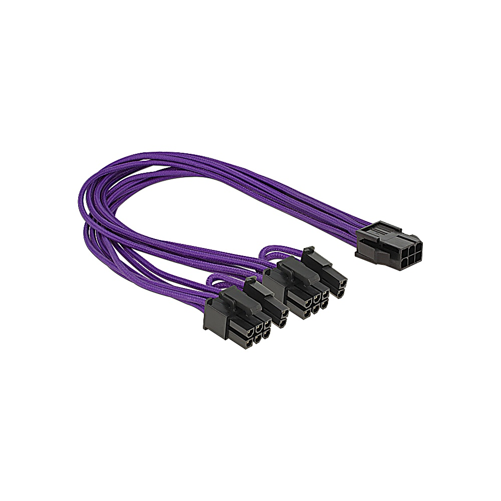 Fioletowe plecione kable zasilające z czarnymi złączami na białym tle. Kable są przeznaczone do komponentów komputerowych.