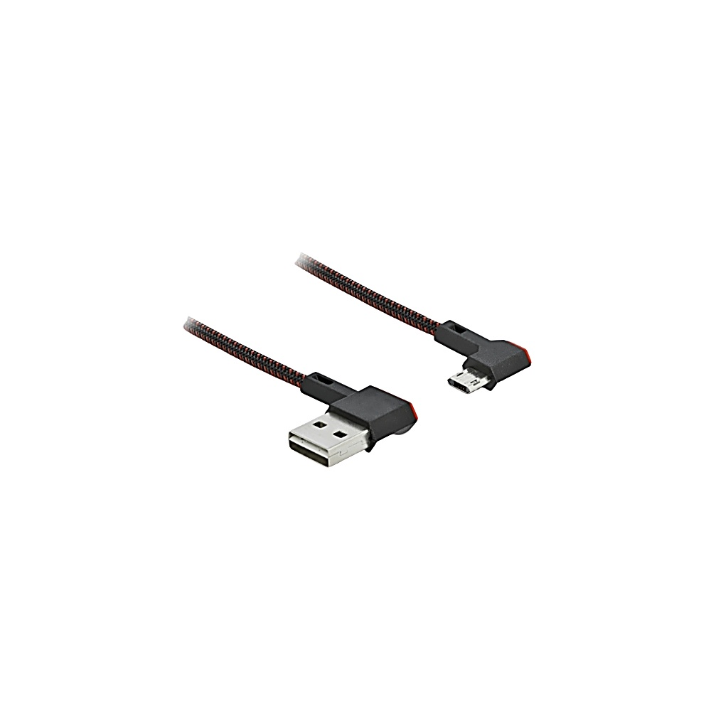 Un cavo USB a micro USB angolato su sfondo bianco. Il cavo è nero con accenti rossi. Le estremità USB e micro USB sono visibili.