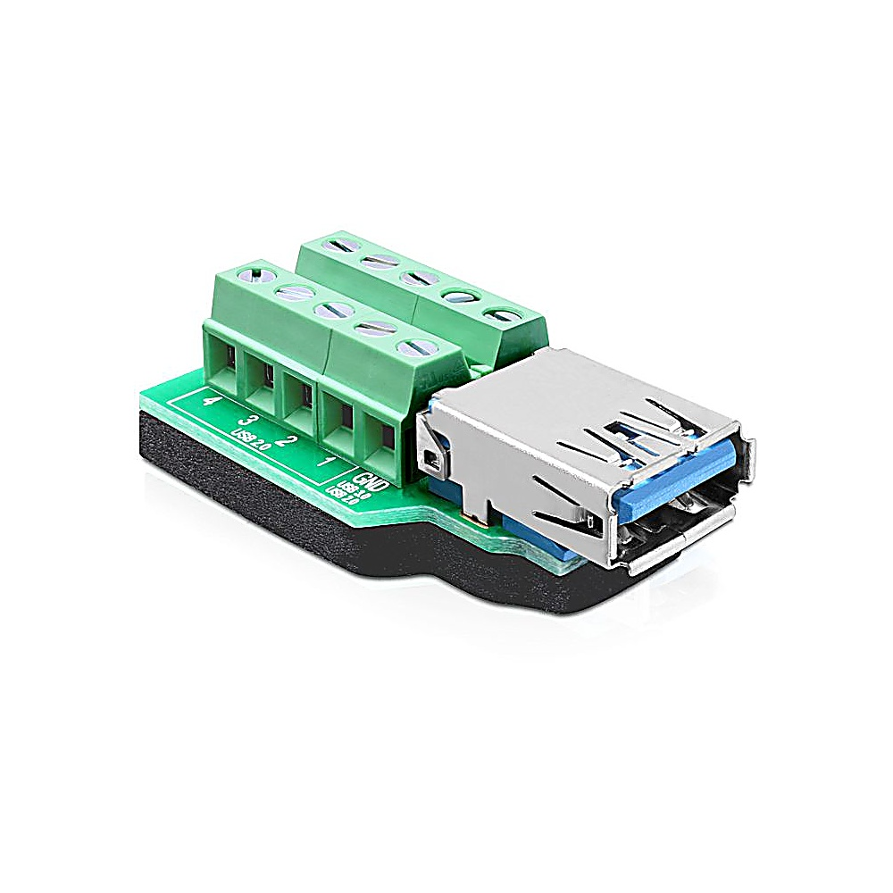 Un circuito stampato verde con una porta USB e morsetti. I numeri 1, 2, 3 e 4 sono visibili. La porta USB è argentata e blu.