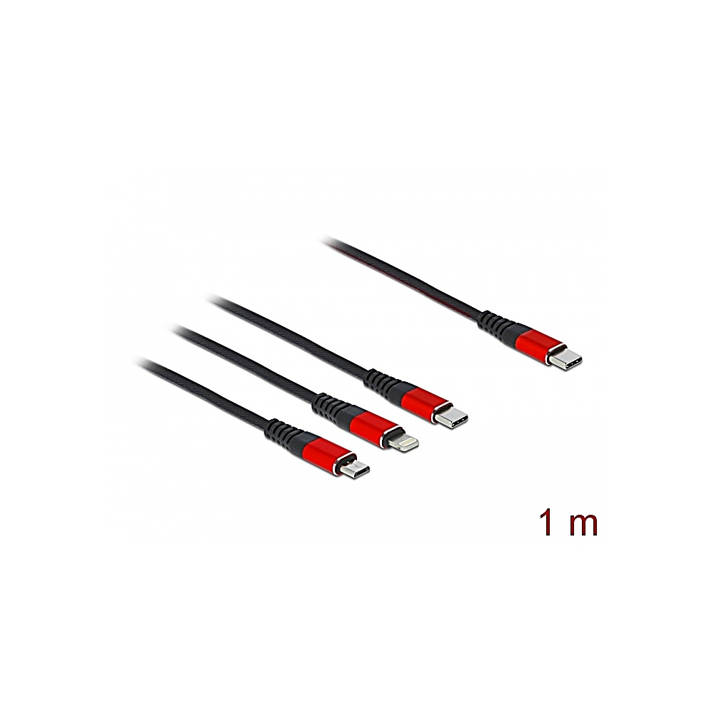 Quattro cavi neri con connettori rossi. Diverse estremità: USB-C, Lightning e Micro-USB. È visibile un contrassegno di 1 m.