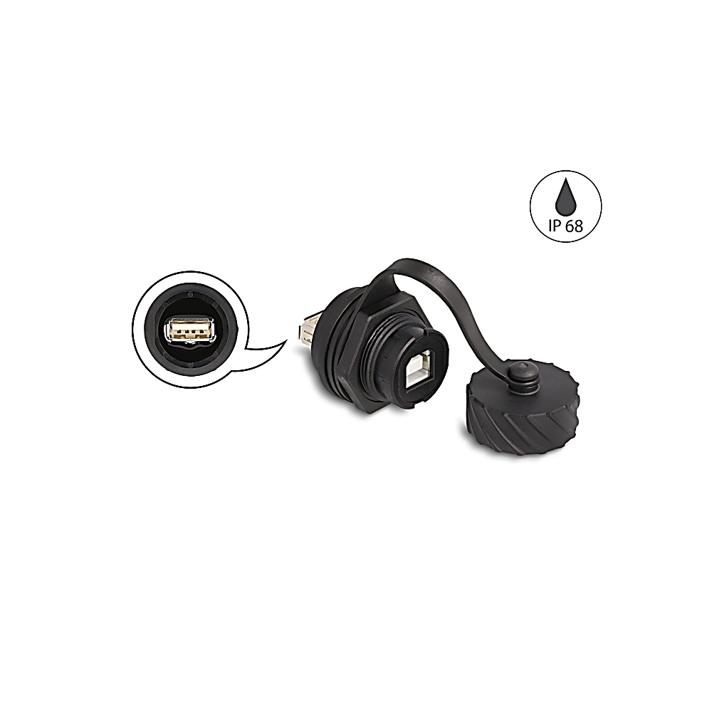 Un connettore USB nero con un cappuccio. Un diagramma mostra la porta USB. È visibile la classificazione di impermeabilità IP68.
