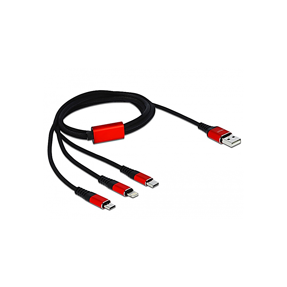 Un câble multi-chargeur noir et rouge avec connecteurs USB, Lightning, USB-C et Micro-USB sur fond blanc.