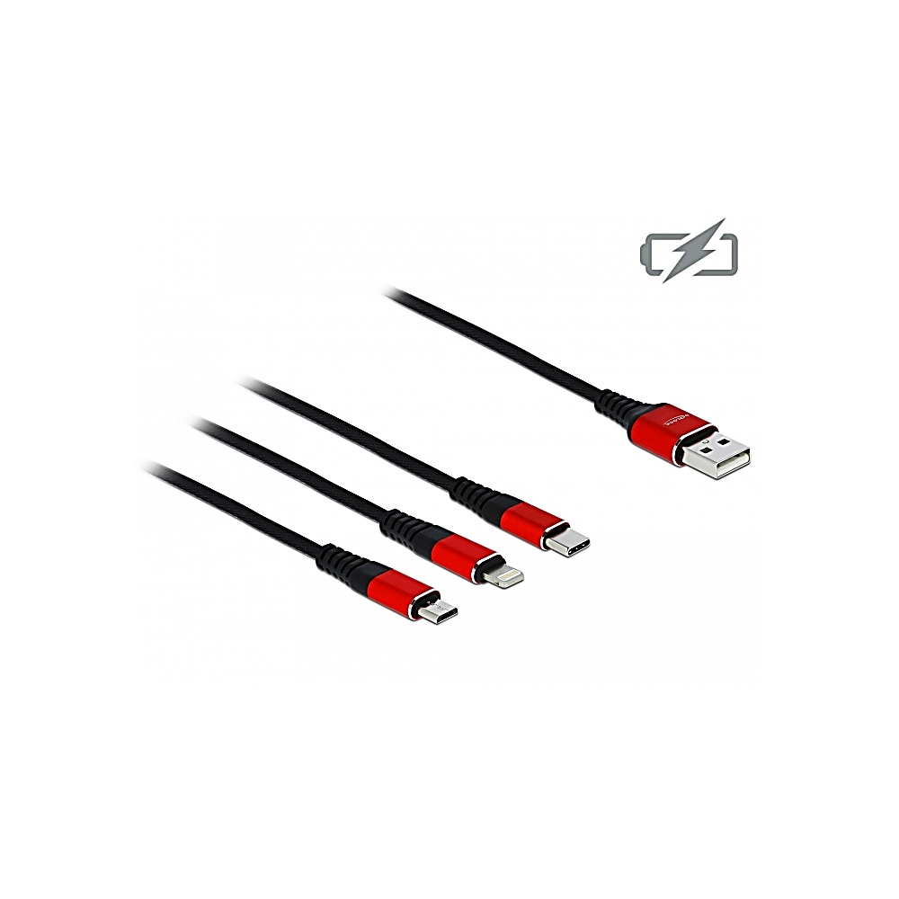 Câbles de charge noirs avec connecteurs rouges et port USB, différentes extrémités. Symbole de charge en haut à droite.