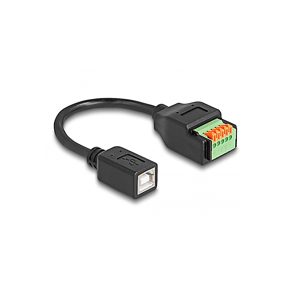 Czarny kabel USB do bloku zacisków. Jeden koniec to złącze USB, drugi ma zielony i pomarańczowy blok zacisków.