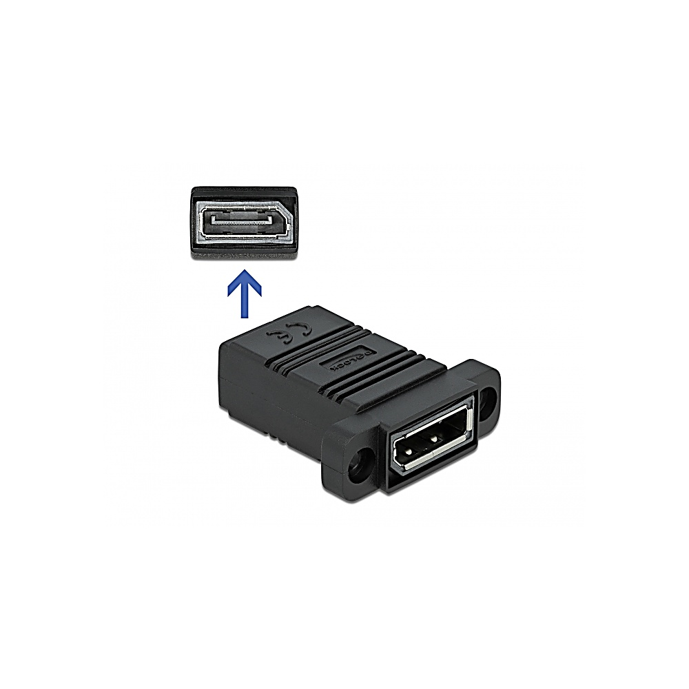 Adaptador USB negro con puerto USB, flecha arriba y primer plano de puerto USB en la parte superior.