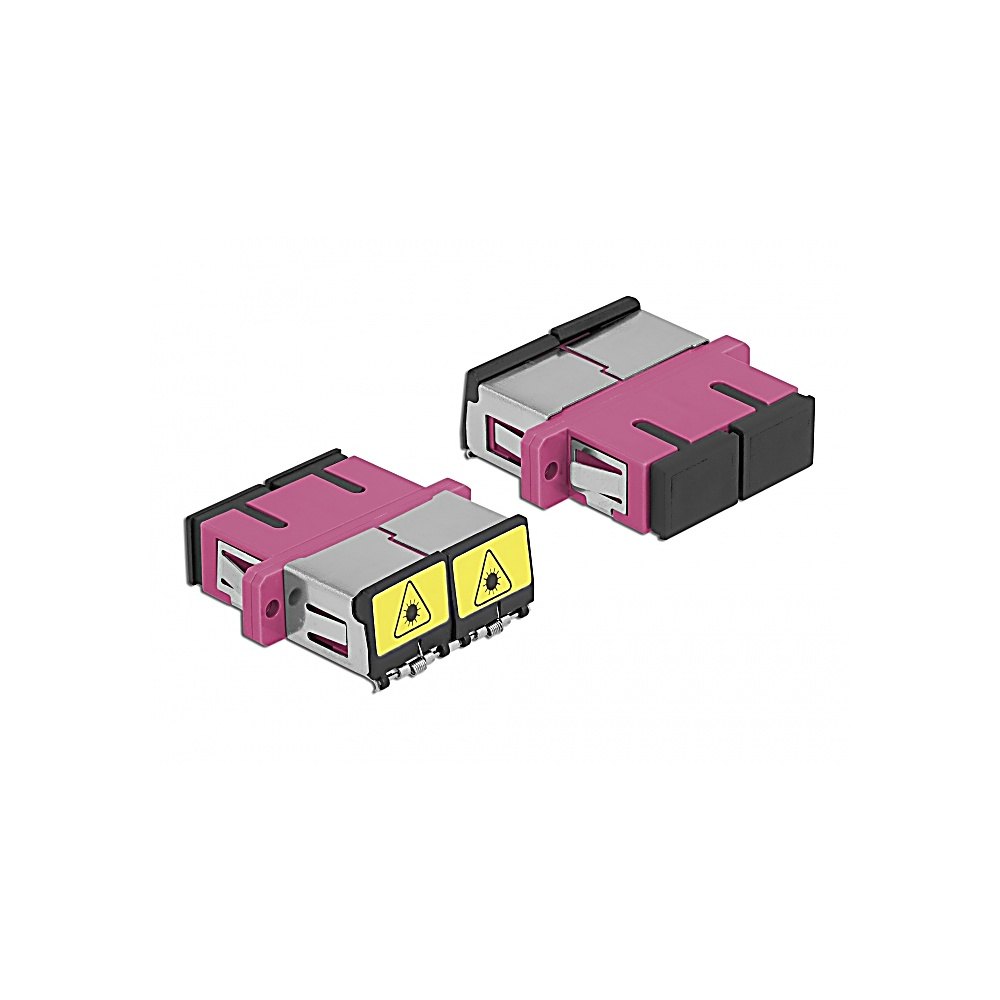 Due connettori in fibra ottica rosa e grigi con dettagli neri su sfondo bianco. Ognuno ha un simbolo di avvertimento laser.