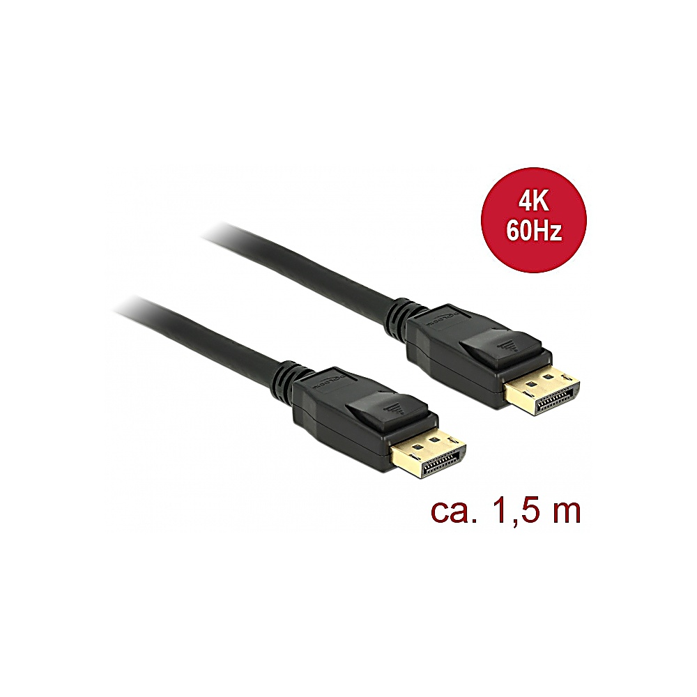 Cable DisplayPort negro. La etiqueta muestra 4K 60Hz. El cable mide aproximadamente 1,5 metros.