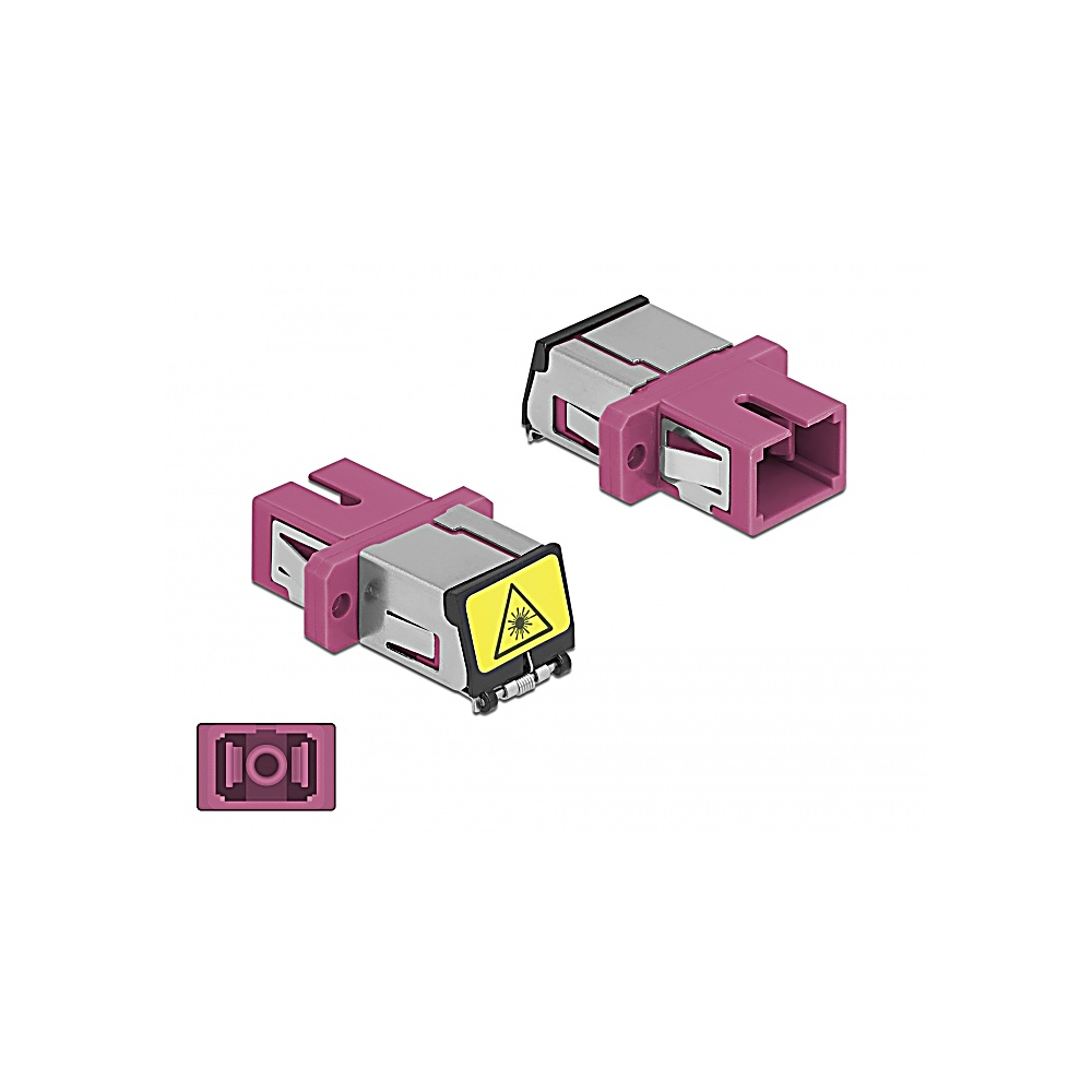 Tres conectores rosa y plateados sobre blanco. Uno tiene una etiqueta de precaución amarilla. Un pequeño conector rosa en la parte inferior.