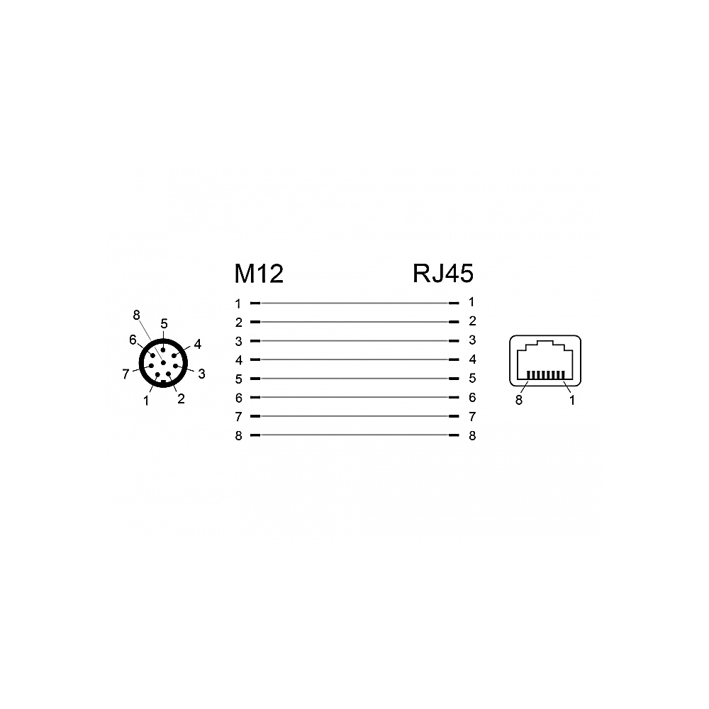 Schema dei connettori M12 e RJ45. L'M12 è un connettore circolare e l'RJ45 è un connettore Ethernet rettangolare.