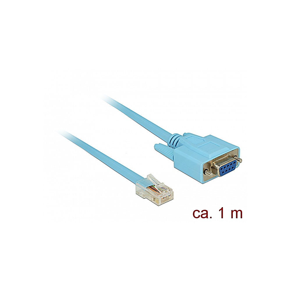 Un cavo azzurro con due connettori: una porta seriale e un connettore Ethernet. Il testo 'ca. 1 m' è scritto in rosso.