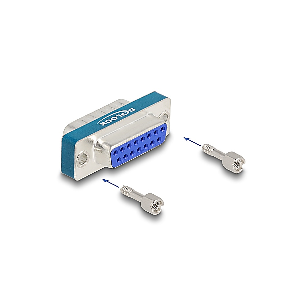 Un connettore D-sub con porta blu e due viti argentate. Il connettore ha una parte superiore blu ed è etichettato 'DELOCK'.