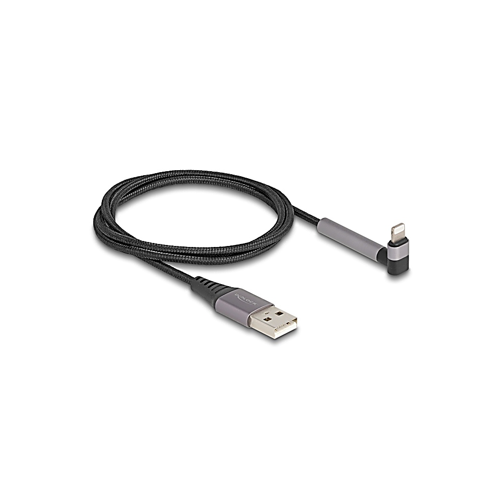 Un cavo di ricarica USB nero e grigio con un connettore USB e un connettore Lightning, su sfondo bianco.