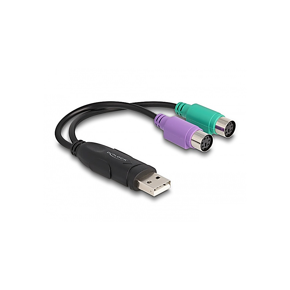 Czarny kabel adaptera USB do PS/2. Posiada złącze USB, fioletowe złącze PS/2 i zielone złącze PS/2.
