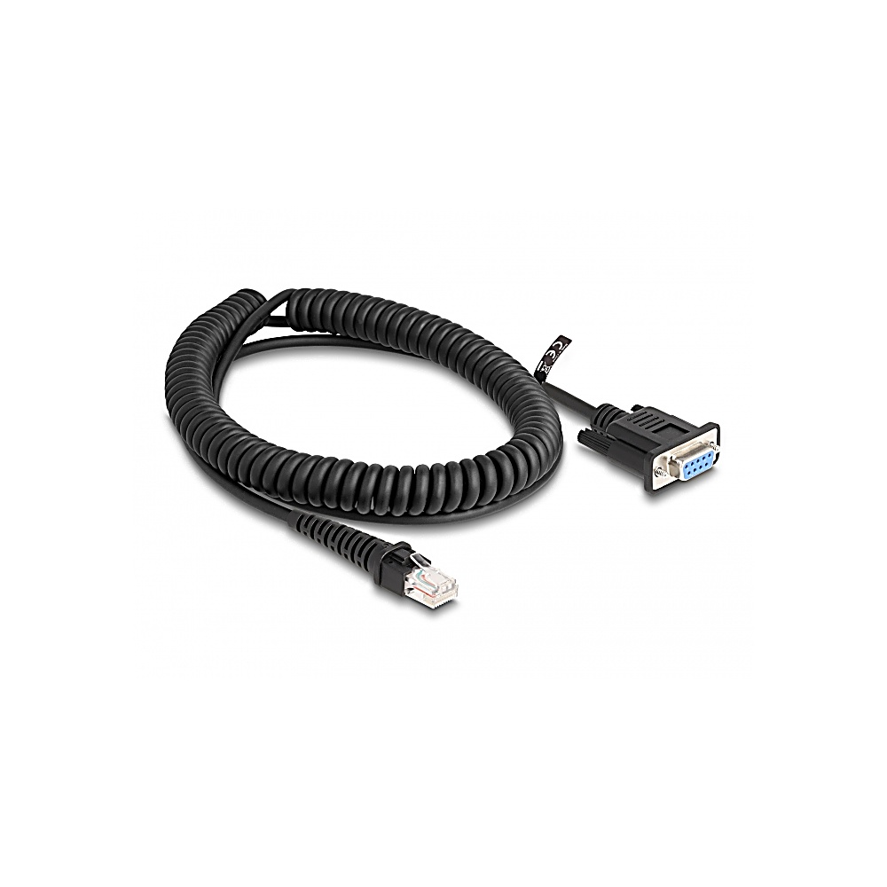 Un cavo nero a spirale con un connettore RJ45 a un'estremità e un connettore DB9 all'altra, su sfondo bianco.
