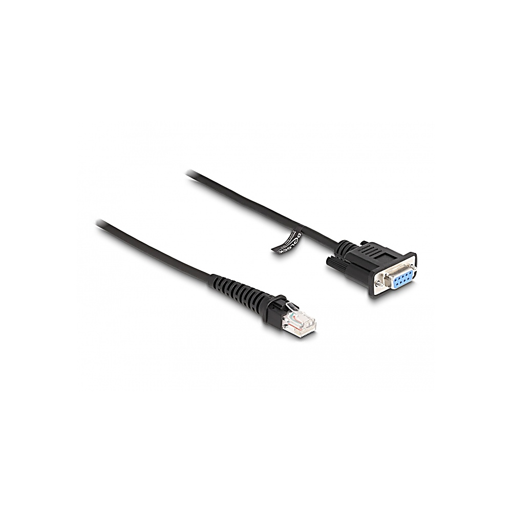 Cavo nero con due connettori: RJ45 e porta seriale. L'RJ45 è in primo piano, la porta seriale sullo sfondo.