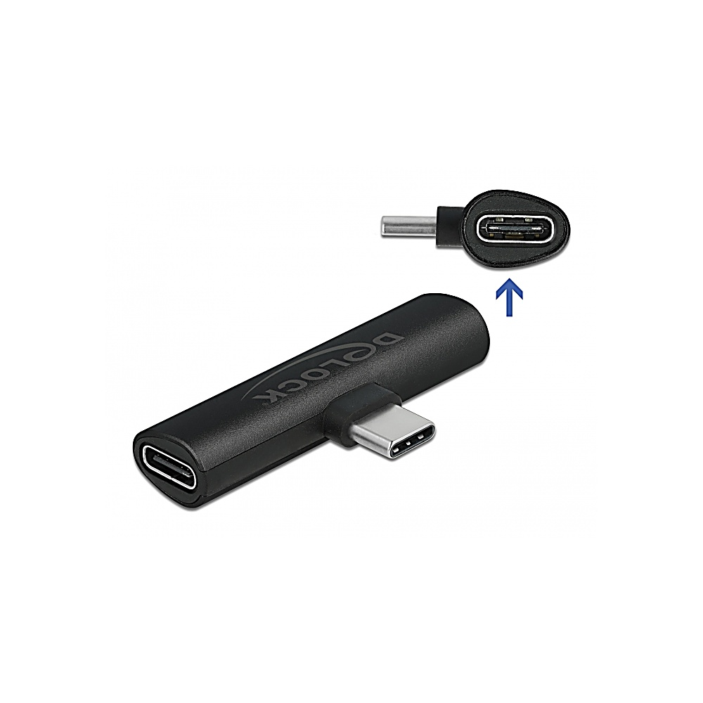 Adaptador USB-C negro con dos conectores y un conector USB-C separado. La palabra 'Delock' está impresa.