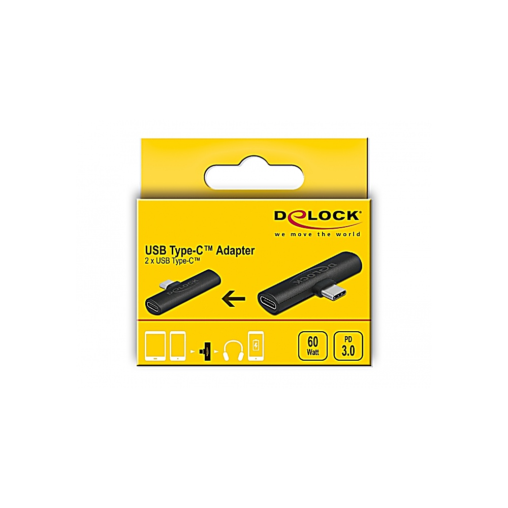 Un paquete de adaptador USB tipo C Delock amarillo y negro. Muestra el adaptador y detalles técnicos del producto.