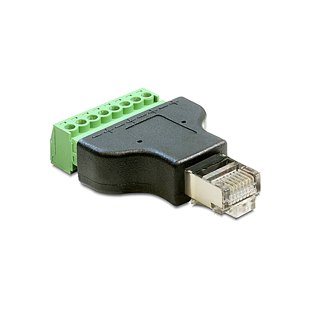 Un adattatore da connettore RJ45 a morsettiera. Ha terminali verdi, corpo nero e connettore argentato, su sfondo bianco.