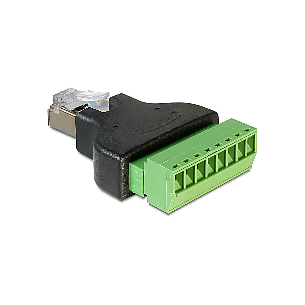 Un connettore RJ45 collegato a un adattatore nero con morsettiera verde.