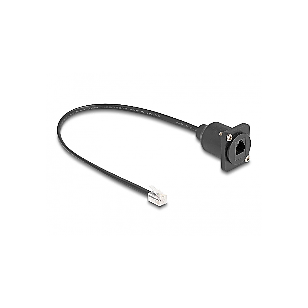 Un cavo di rete nero con due connettori. Uno è una porta RJ45, l'altro un jack telefonico. Lo sfondo è bianco.