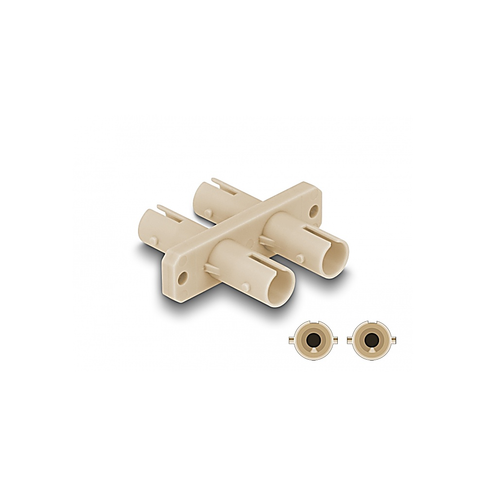 Un connettore in fibra ottica beige, con quattro porte cilindriche e due connettori più piccoli, su sfondo bianco.